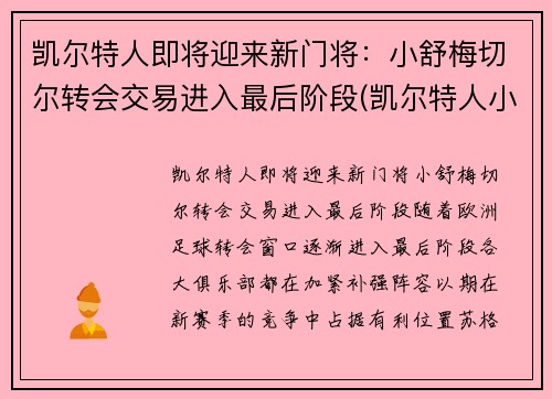 凯尔特人即将迎来新门将：小舒梅切尔转会交易进入最后阶段(凯尔特人小球迷)