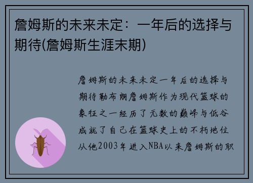 詹姆斯的未来未定：一年后的选择与期待(詹姆斯生涯末期)