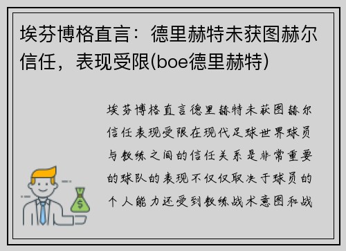 埃芬博格直言：德里赫特未获图赫尔信任，表现受限(boe德里赫特)
