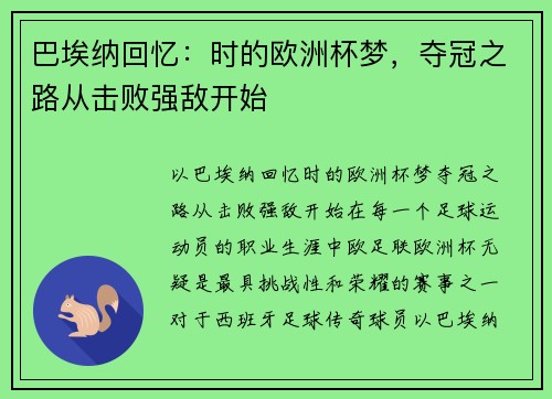 巴埃纳回忆：时的欧洲杯梦，夺冠之路从击败强敌开始