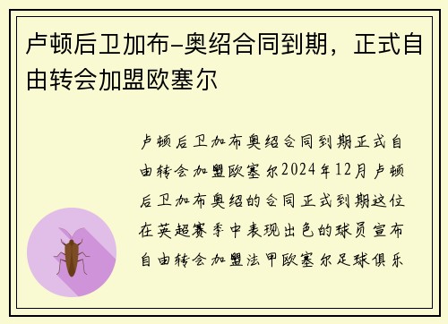 卢顿后卫加布-奥绍合同到期，正式自由转会加盟欧塞尔