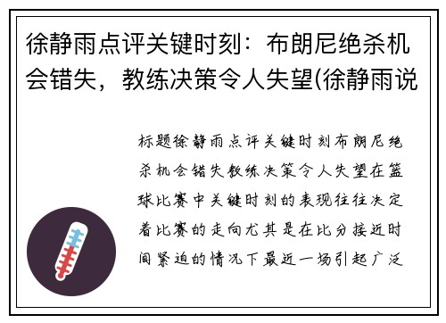徐静雨点评关键时刻：布朗尼绝杀机会错失，教练决策令人失望(徐静雨说蓝网)