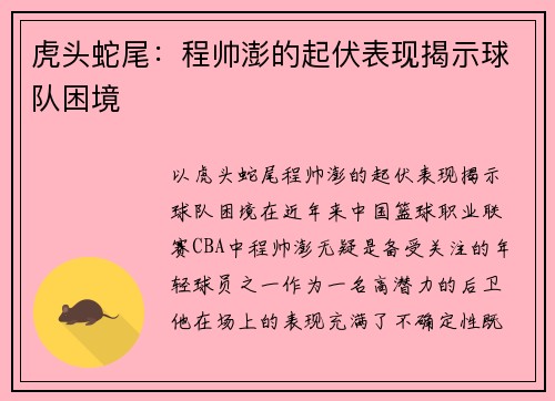 虎头蛇尾：程帅澎的起伏表现揭示球队困境