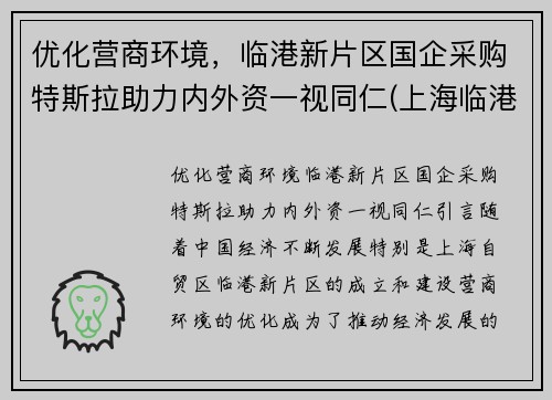 优化营商环境，临港新片区国企采购特斯拉助力内外资一视同仁(上海临港特斯拉配套公司)
