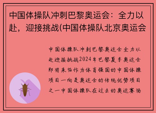 中国体操队冲刺巴黎奥运会：全力以赴，迎接挑战(中国体操队北京奥运会)