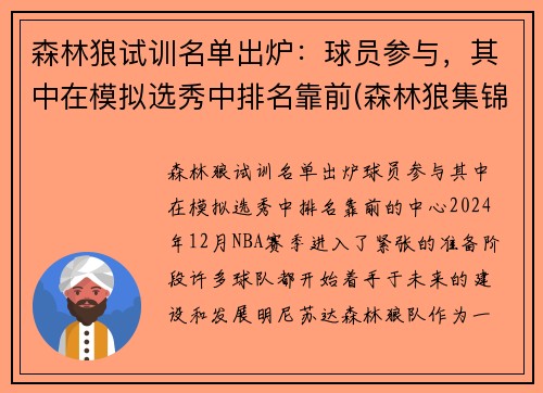 森林狼试训名单出炉：球员参与，其中在模拟选秀中排名靠前(森林狼集锦)